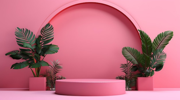 podium 3D render in pink and ornamental plants on the left and right