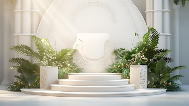 podium 3D render in white and ornamental plants on the left and right