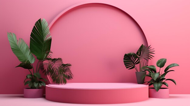 podium 3D-weergave in roze en sierplanten links en rechts
