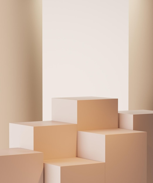 Podio e sfondo astratto colori beige e bianco scena forme geometriche rendering 3d interni