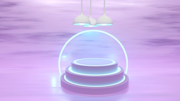 Podium. Abstract futuristic 3D rendering of rounded geometric shapes in the room. Pastel pink.