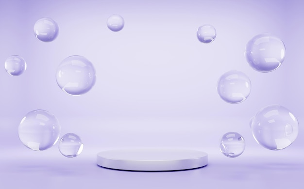 紫色の背景に水滴またはシャボン玉が付いた授賞式の製品プレゼンテーションプラットフォーム台座のための表彰台の抽象的な幾何学的な空の円筒形ステージ現実的な3dイラストバナー
