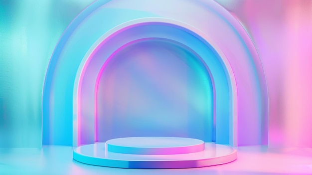 Podium achtergrond minimale roze blauwe neon scène met geometrische platform achtergrond