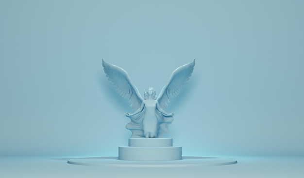 사진 연단 및 천사 동상 파스텔 블루 색상 장면 소셜 미디어에 대 한 최신 유행 3d 렌더링