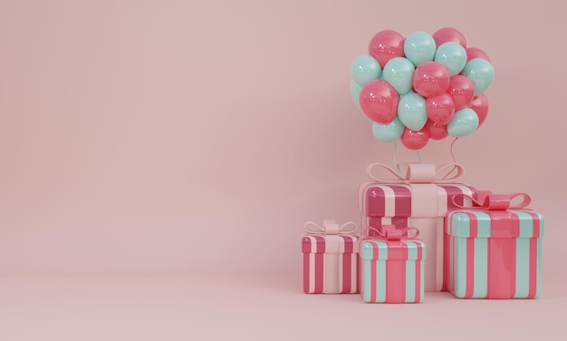 Podium background with 3d realistic pink heart and air balloon gift box