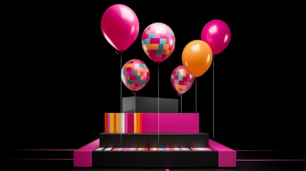 podium and balloons on black background