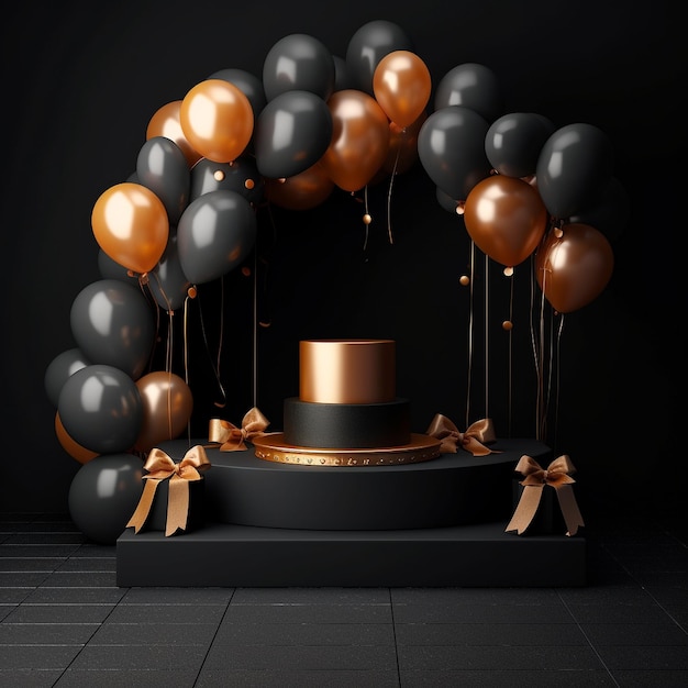 Podium and balloons on black background