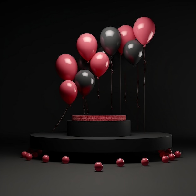 Podium and balloons on black background