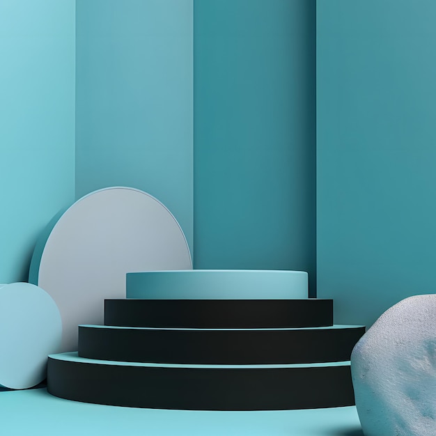 Podium on a black and blue background for products with stones around