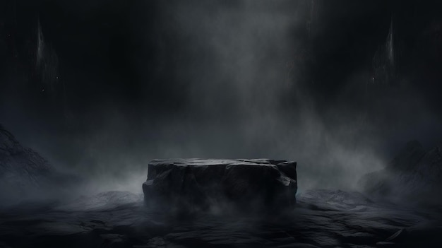 Фото Подиум черный темный дым фон продуктовая платформа абстрактная сценическая текстура туманный прожектор темно-черный пол подиум драматический пустой ночной комната стол бетонная стена сцена место дисплея студия дымящаяся пыль