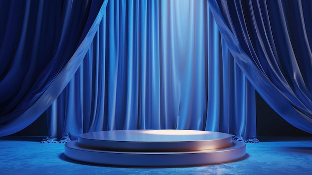 podium blue background and fabric curtain with spotlight luxury