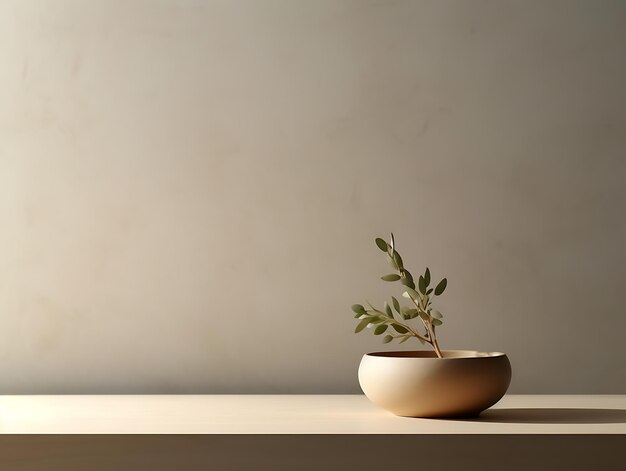 Podium or bowl on wooden table on solid background with branch shadow on the wall Mock up for branding products Ai Generative