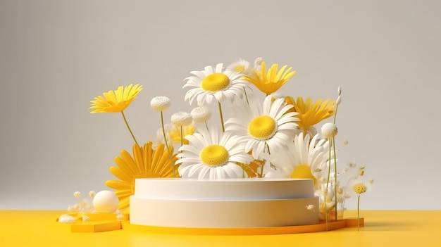 Podium concrete yellow flower presentation of packaging cosmetics Generative ai