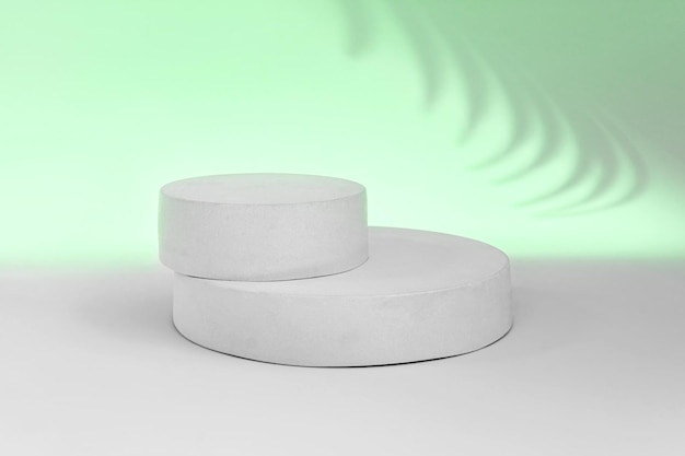 Podium for Cosmetics Soap Items Presentation Abstract Minimal Geometric Sphere Cylinder Two Forms Soft Shadow Scene to Show Product Object Showcase Display Case Palm Leaf Green Color Ad Stand