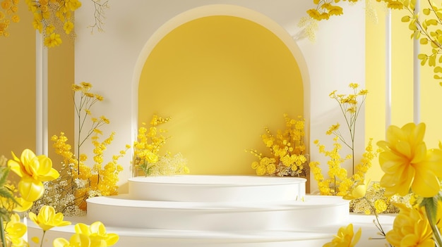 Подиум украшен желтыми цветами.