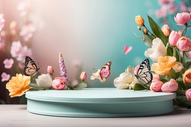 Photo podium for demonstration and montage of product with delicate floral spring decor spring time background blooming birthday march 8 easter womens day wedding copy space ai generated