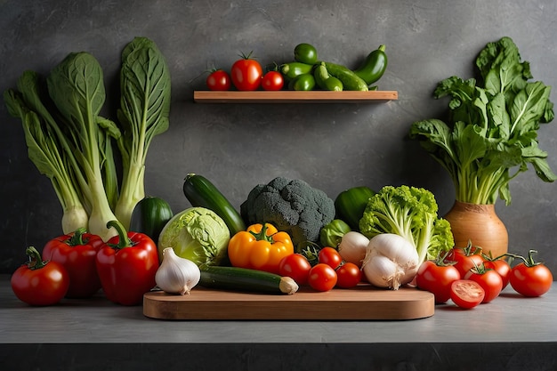 Подиум для демонстрации продукта с овощами является овощным фоном для вегетарианцев здорового питания и экологичного садоводства Копирование пространства, генерируемого ИИ