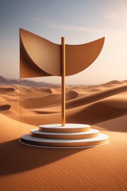 Foto podio sul display dello sfondo del deserto con ombrellone e ombra sullo sfondo