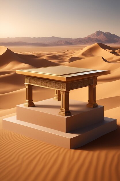 Podium on desert background display with sunshade and shadow on the background