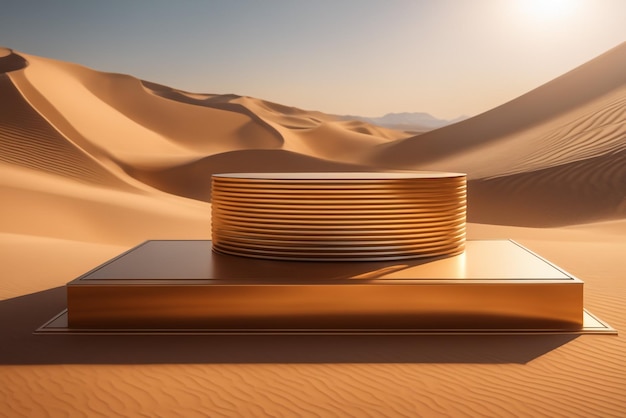 Podium on desert background display with sunshade and shadow on the background