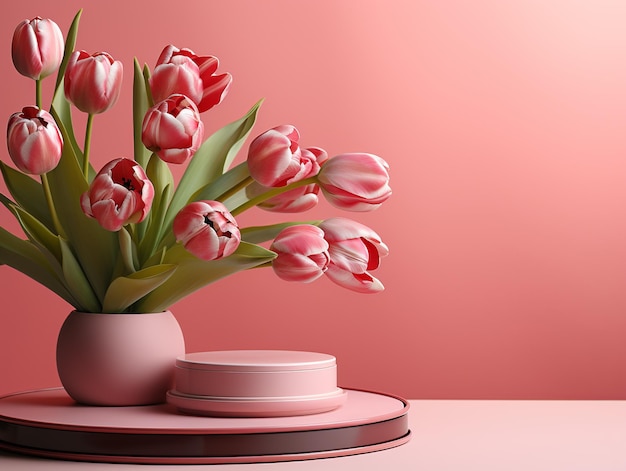 Podium for display cosmetic product branding on pink background with tulip flower for decoration