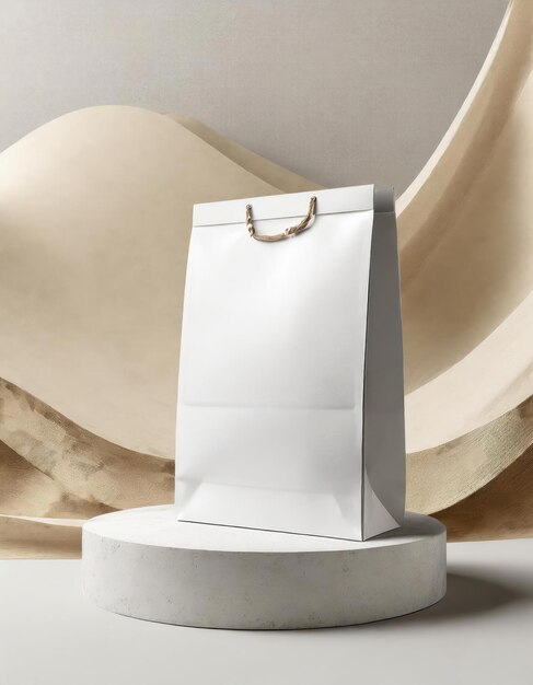 パッケージバッグのフロントビューのポディウムディスプレイ モックアップ 白色のテーマの色彩のシャーと背景 AI生成