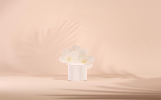 Podium display on pastel pink background with rose flower orchid flower and palm leaf 3d render