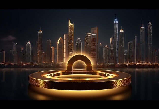 Podium display with city skyline Ramadan or Eid advertising Abstract model