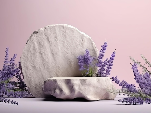 Podium display with lavender flowers