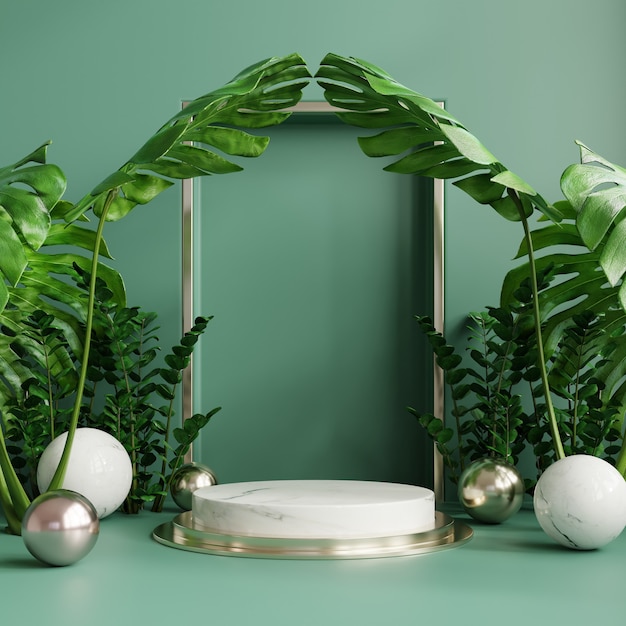 Podium display with monstera leaves and spheres