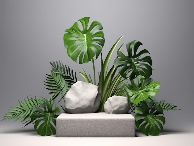 Podium display with monstera leaves