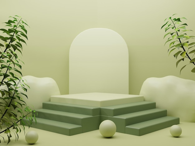 Podium display with plant on empty wall background