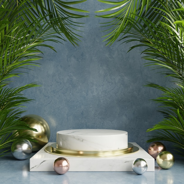 Podium display with Tropical leaf background/wall green.