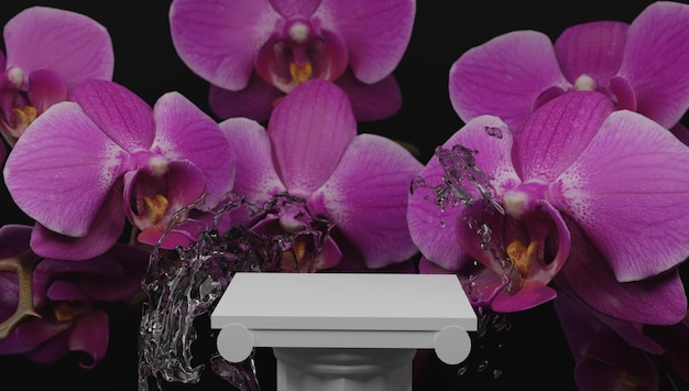 꽃 모티브 3d 렌더링이 있는 향수 화장품 및 목욕 제품을 표시하기 위한 연단