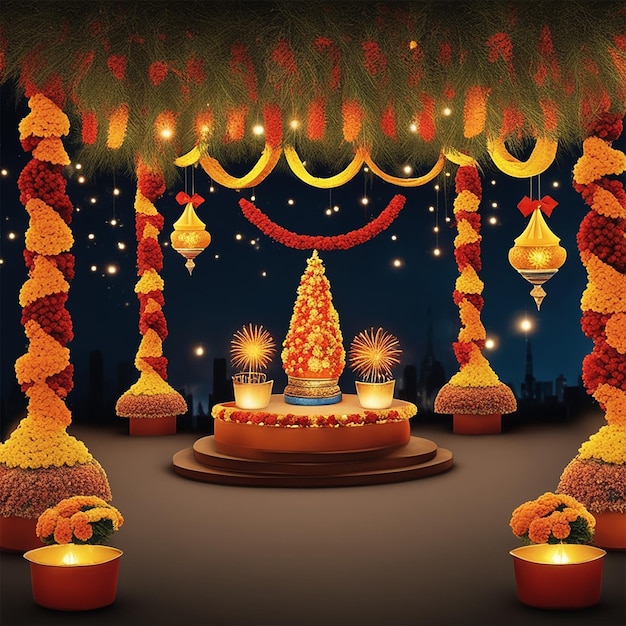 Photo podium of diwali lights christmas delights and halloween nights
