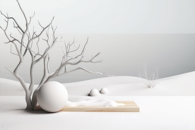 Podium and dry tree twigs branch with white sand beach on white background AI generated