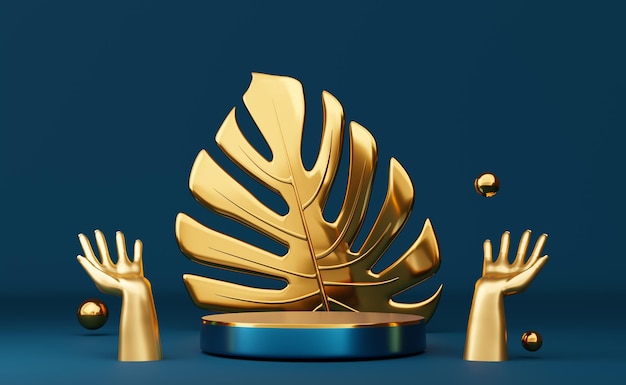 podium empty with gold color hand and leaf monstera in blue composition for modern stage display and minimalist mockup abstract showcase background Concept 3d illustration or 3d render