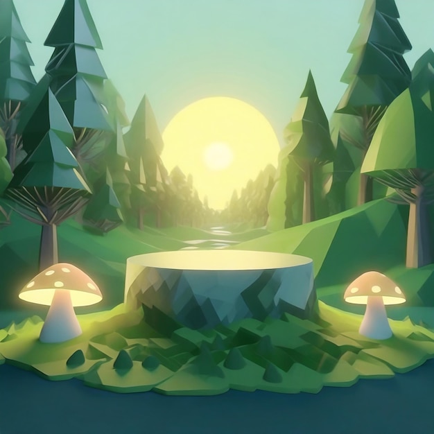 Podium enchanted forest with vibrant glowing mushrooms