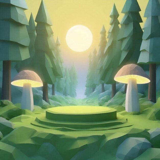 Podium enchanted forest with vibrant glowing mushrooms