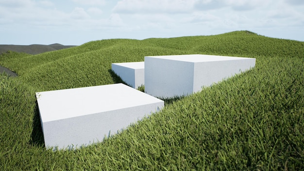 Подиум среди поля, покрытого травой под красивым солнечным небом 3D рендеринг