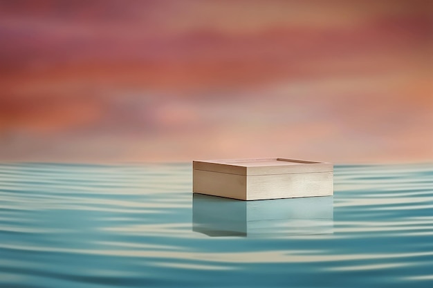 Photo a podium floating in the water with a pink sky in the background generative ai