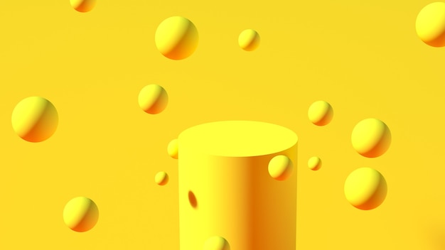 Podium in the form of a yellow cylinder with yellow spheres floating in the air