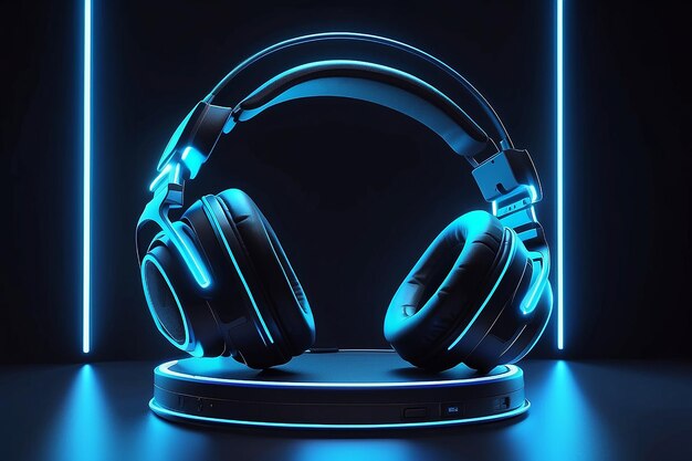 Podium Futuristic Sci fi 3D Rendering Alien blue Neon Glass Modern Empty cyber punk gaming neon light headphones