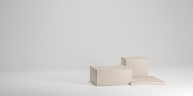 Podium gemaakt van drie 3d beige vierkante vormen Leeg podium of voetstuk display op grijze achtergrond met box stand concept Productplaatsing 3D-rendering