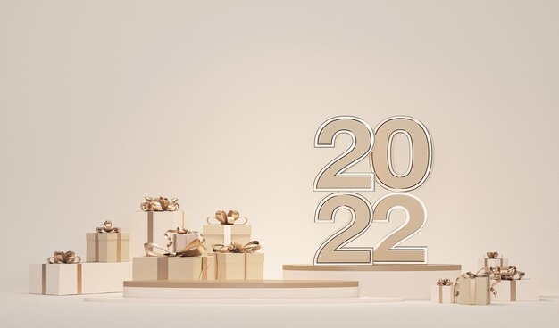 Podium geschenkdoos en pastel achtergrond 3d render voor Kerstmis en Gelukkig Nieuwjaar 2022