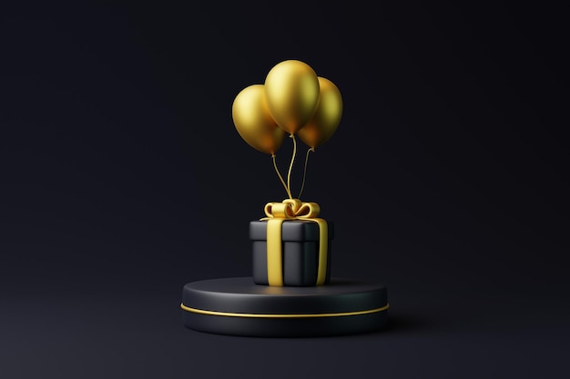 Podium gift box and balloons on black background Holiday decoration Festive gift surprise 3D render