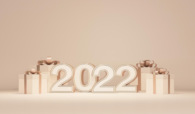 연단 선물 상자와 행복 한 새 해 2022 3d 렌더링의 황금 파스텔 배경 개념