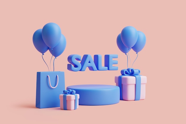 Podium gift boxes shopping bag and balloons on pastel pink background Holiday decoration 3D render