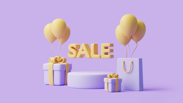 Podium gift boxes shopping bag and balloons on pastel purple background holiday decoration 3d render