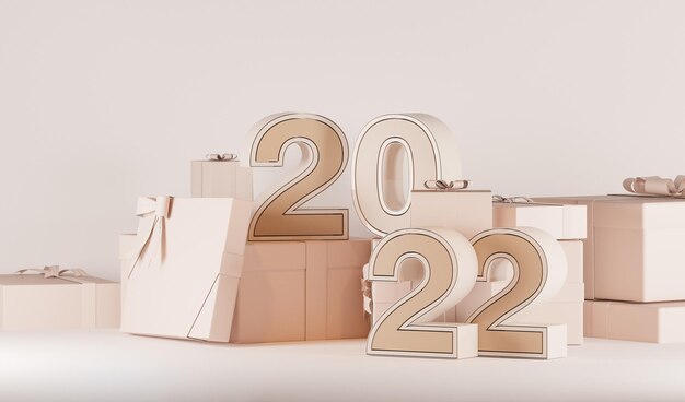 Foto podio e regali per il buon anno 2022 beige pastello e fondo dorato 3d rendono